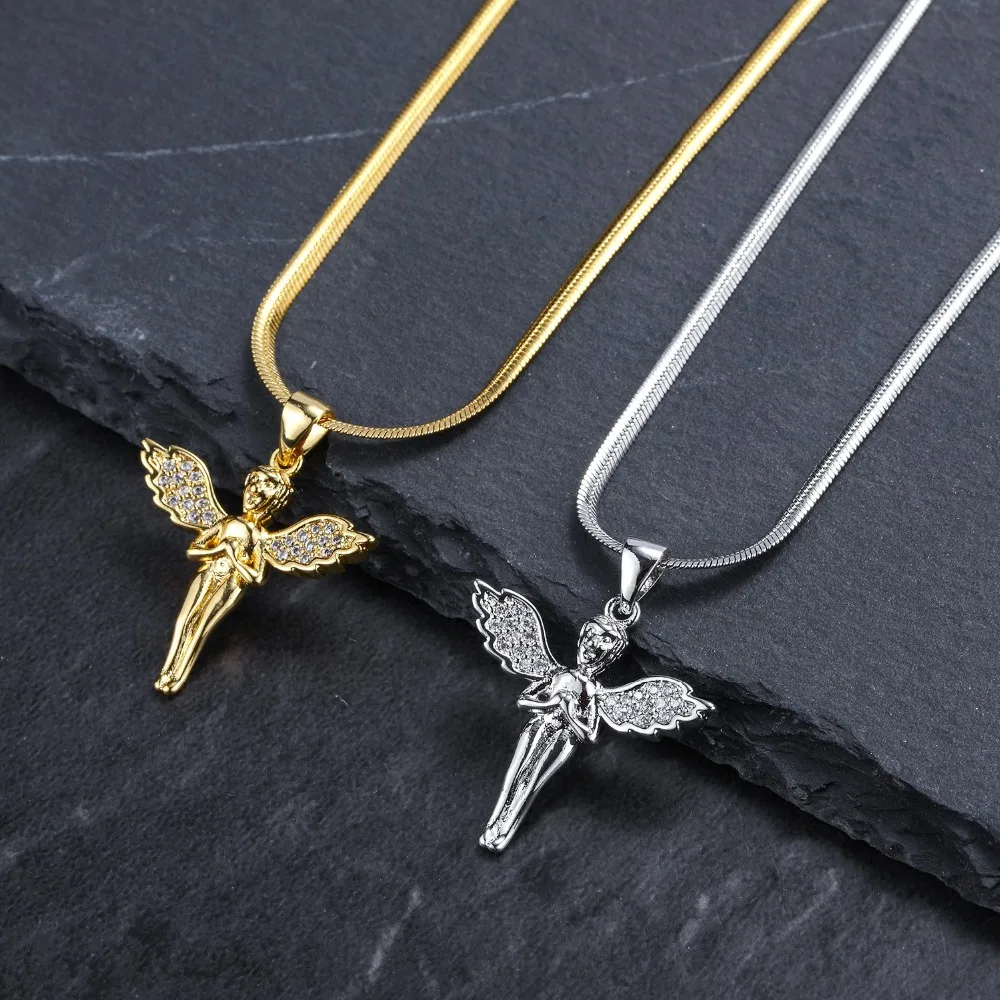 

Cubic Zircon Crystal Small Cute Angel Pendant Necklace Hip Hop Choker Chain Golden Copper Charm Necklace Women Men Jewelry