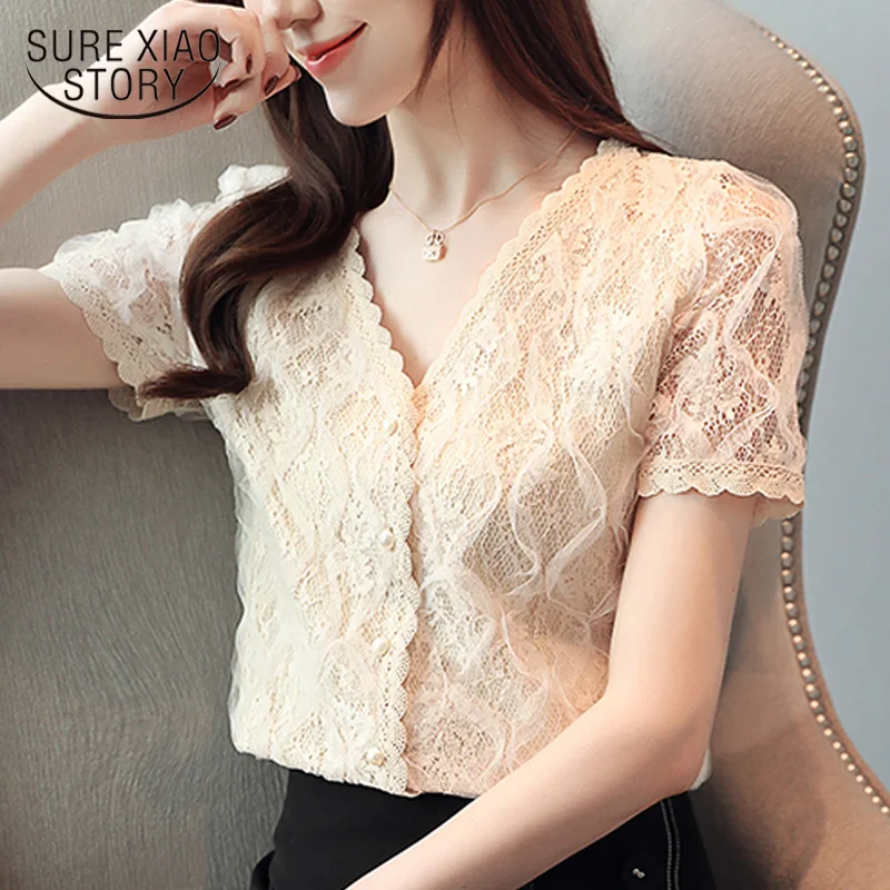 

blusas mujer de moda 2019 summer short sleeve solid lace blouse women's shirt beading v-neck lace top female women tops 3799 50