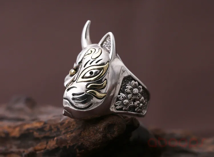 Vintage 925 Sterling Silver Japanese Prajna Mask Ring Jewelry with Sakura for Men Size 8.5 9 10 10.5 Free Shipping Fashion Jewelry