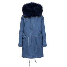 New Real Rex Rabbit Fur Lining Long Denim Parkas Women Winter Genuine Raccoon Fur Collar Hooded Coat Woman Warm Jacket Female