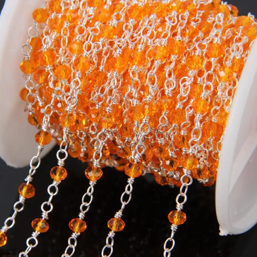 

5Meter Faceted Orange Glass Rondelle Beads Chains,plating silver Wire Wrapped loop Yellow Glass Rosary Chain Necklace bracelet