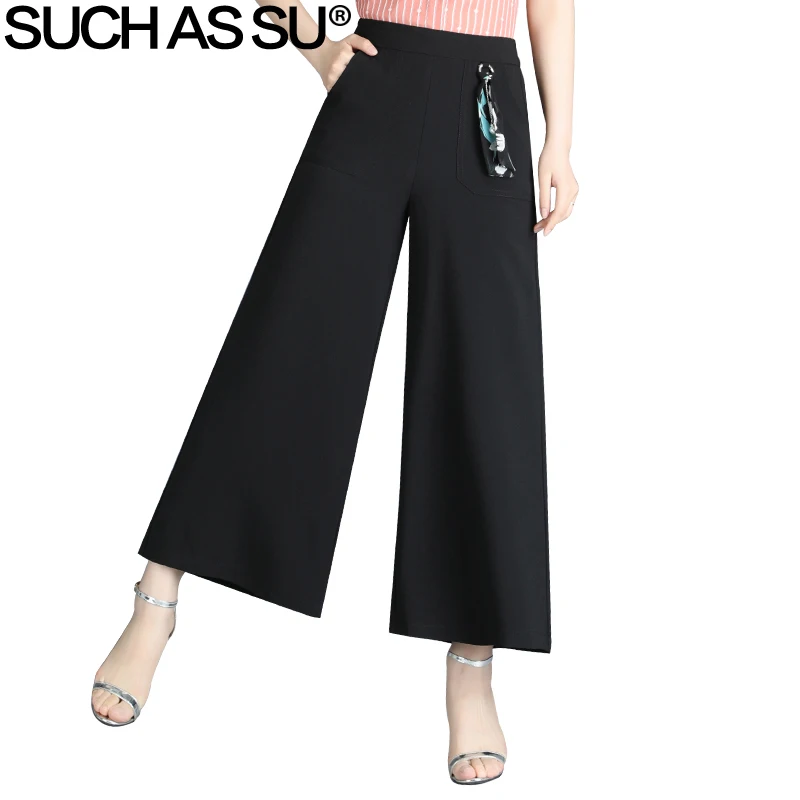 Брюки для женщин Новые Летние Осенние широкие брюки, расцветка черная и хаки на шнуровке эластичные с высокой талией S-3XL размера плюс свободные длинные брюки