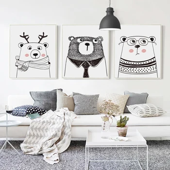 

07G Nordic Black And White Cartoon Animal Rabbit Deer Bear A4 A3 Canvas Art Picture Baby Bedroom Children's Room Wall Decoration