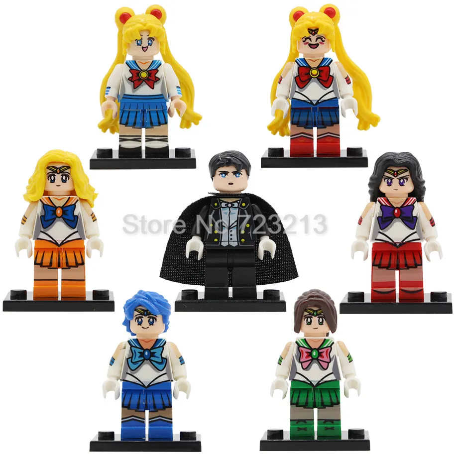 

7pcs/lot Sailor Moon Cartoon Set Chiba Mamoru Hino Rei Mizuno Ami Building Blocks Sets Models Bricks Toys for Children