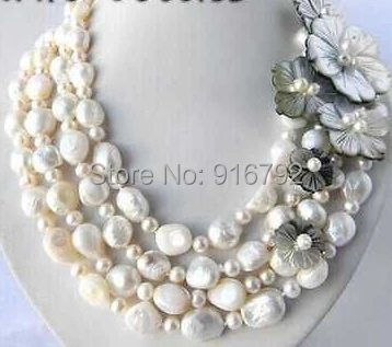 

YH@CS >>>4Strands 18'' 11-13mm White Round Baroque Freshwater Pearl Shell Flower Necklace