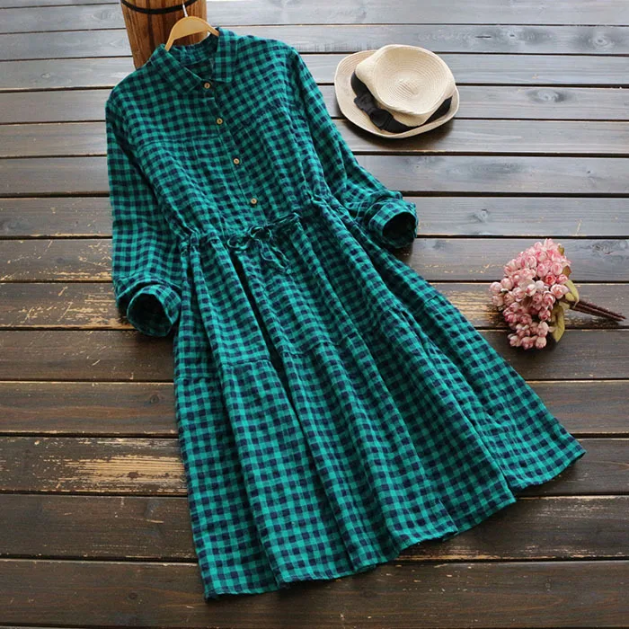 

Vadim Sale Zanzea Vestidos Mujer Women's Free Shipping 2019 Spring Japanese Plaid Waist Long Sleeve Dress Cotton Hemp Lapel