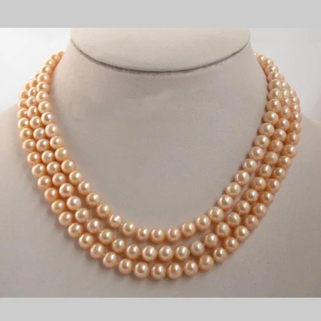 

Stunning Real Pearl Jewellery, 3 Rows AA 7-8MM Pink Color Perfect Round Freshwater Pearls Necklace,New Free Shipping.