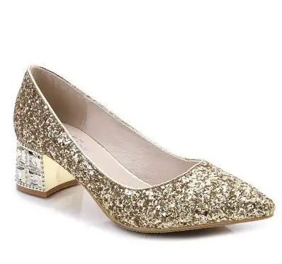 Яркие брендовые модные туфли золотистого и серебристого цветов; женские туфли-лодочки с острым носком; свадебные туфли; слипоны на среднем квадратном каблуке; JBL321 - Цвет: gold