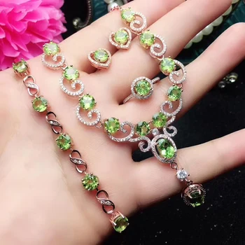 オンライン 天然ペリドット女性本物の宝石の花のつるネックレス/リング/イヤリング/ブレスレットパーティー S925 シルバー #134
