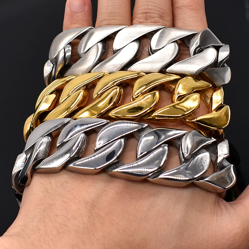 Tanie AMUMIU 24mm szeroki Biker stal nierdzewna 316L duży ciężki łańcuszek Link bransoletka mężczyzna chłopcy łańcuch hurtownia biżuterii HZB123