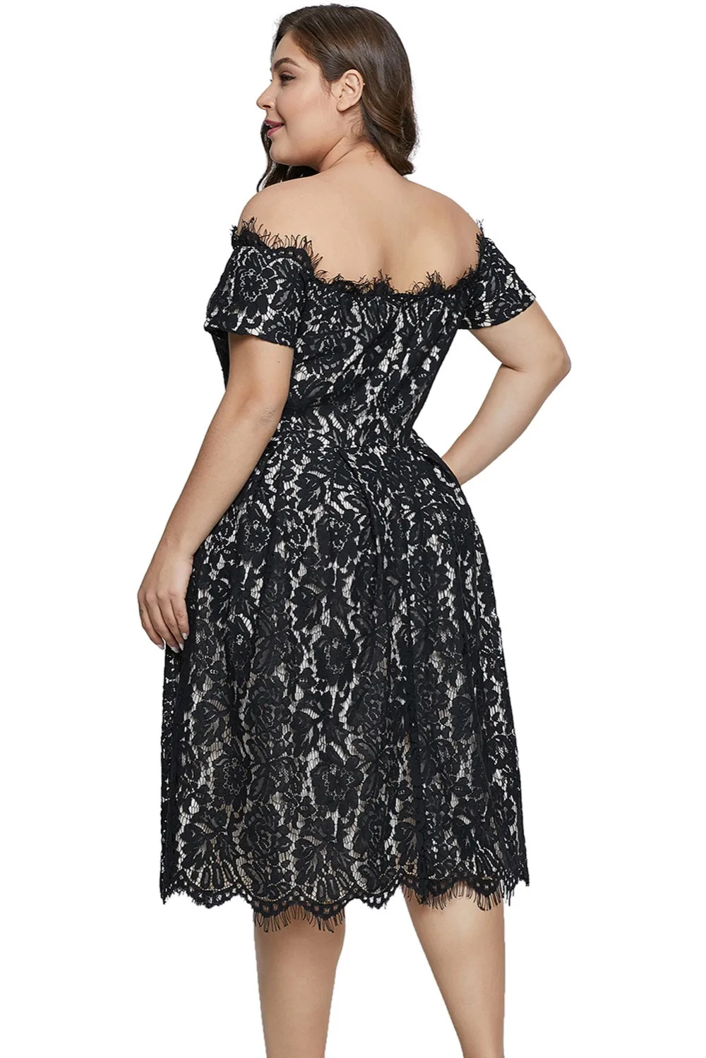 Black-Short-Sleeve-Off-shoulder-Lace-Plus-Size-Dress-LC611038-2-2