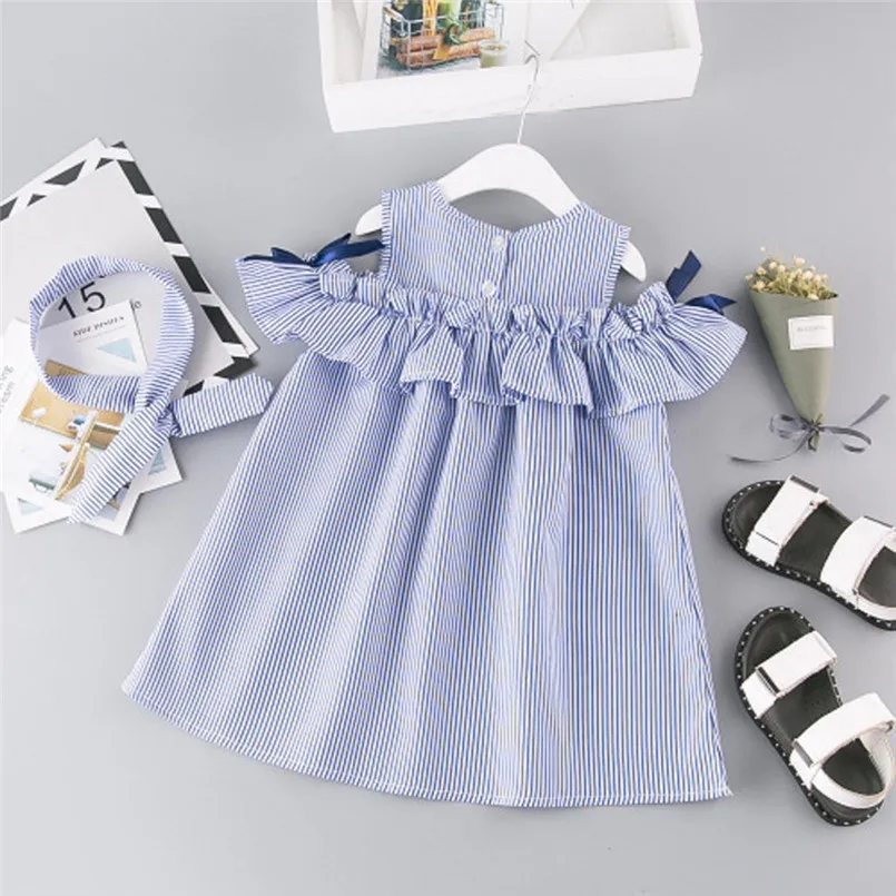 Girls suit summer 2019 new 2PCS Toddler Kids Baby Girl Outfit Clothes Strapless Stripe Dress+Headband Set (6)