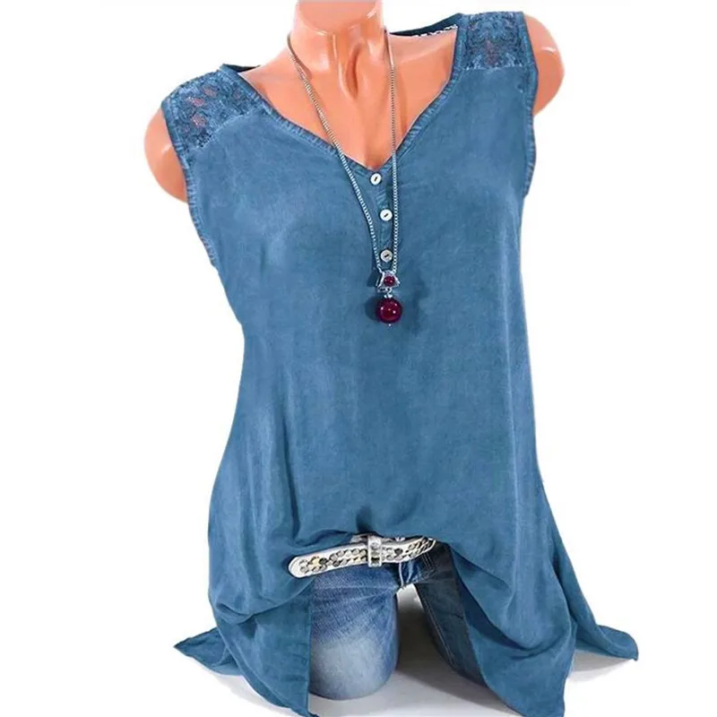 

Women V-neck Summer Plus Size Openwork Lace Tops Sleeveless Solid Color Strapless Loose Vest
