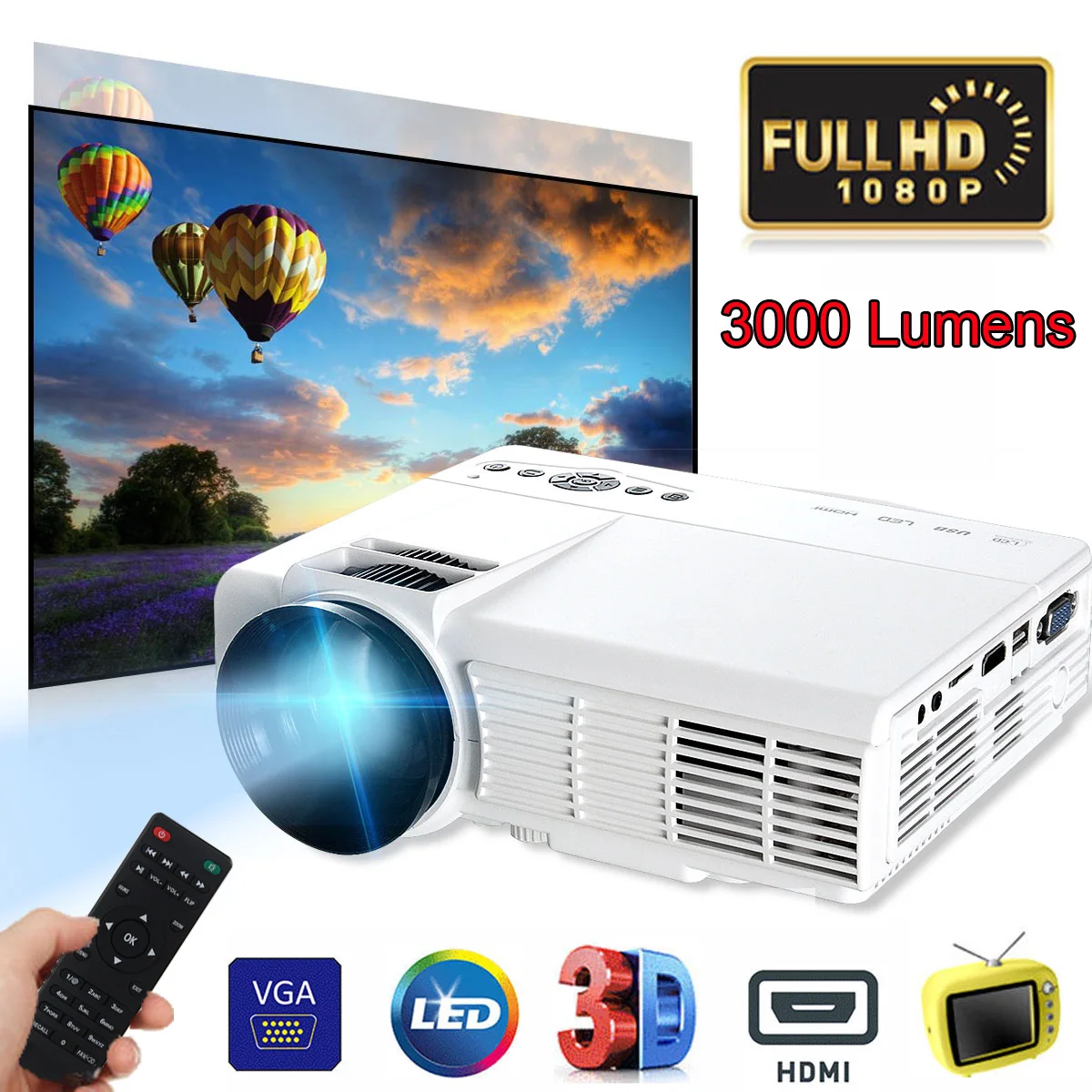 3000 Lumens 3D 1080P HD Mini Portable Projector Digital Projector For Home Theater Movie Home Beamer