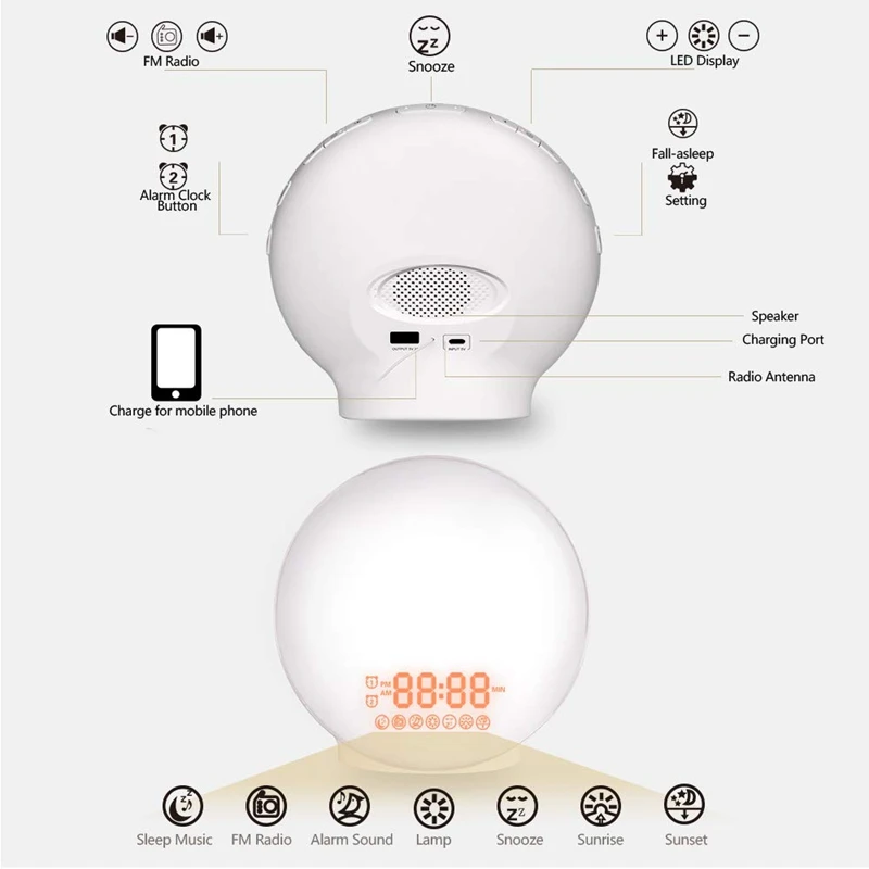 Wake-Up Light, Lbell Alarm Clock, 8 цветов, функция моделирования и помощи для сна, двойной будильник с fm-радио, 7 натуральный