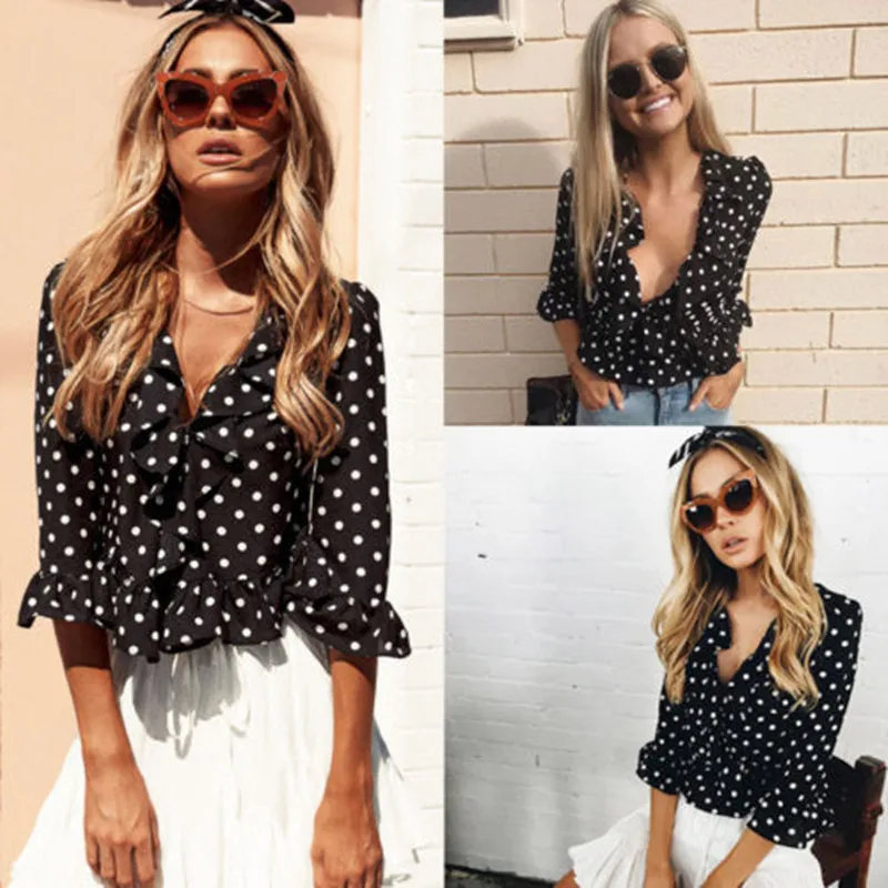 2018 nuevas blusas mujer de moda ahuecan hacia fuera negro blanco Polka Dot cuello pico media manga suelta camisa Casual de talla grande S XL|Blusas y - AliExpress