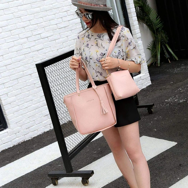 Женская модная сумка на плечо кошелек кожаная сумка 4 штуки(розовый