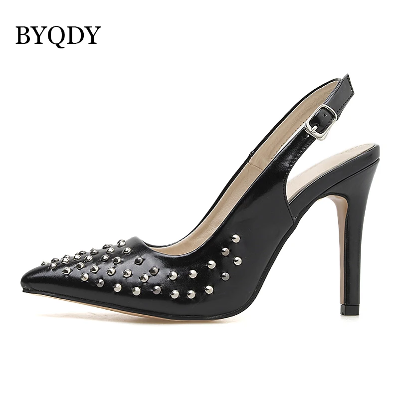 BYQDY Classic Fashion Flock Buckle Strap Shoes Ladies Sexy Pointed Toe Pumps Rivet Black Heels Shoes Women zapatos de mujer BYQDY Classic Fashion Flock Buckle Strap Shoes Ladies Sexy Pointed Toe Pumps Rivet Black Heels Shoes Women zapatos de mujer