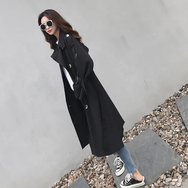 Survêtement Automne H287 D'affaires Noir Lâche Couleur 2018 kaki Femmes Avec Longue Femelle gray Ceinture Breasted Solide Manteau Blue Double Tranchée Classique Bureau adpxgd4