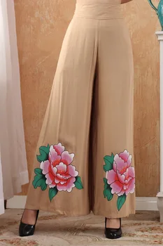 

Fashion Khaki Chinese Style Cotton Hand-Made Painted Women's Elastic Waist Trousers Pants Flares peony WP003