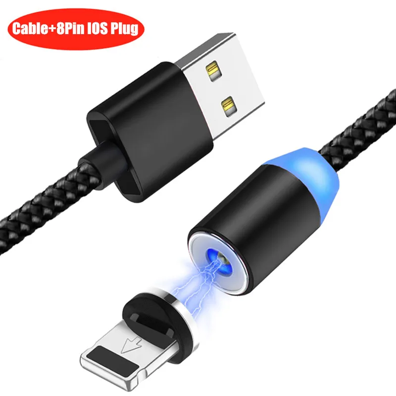 Круглый светодиодный магнитный usb-кабель Зарядное устройство USB C type C/Micro USB/IOS штекер зарядный кабель зарядное устройство для iPhone samsung Xiaomi huawei - Тип штекера: 1M Black IOS Cable