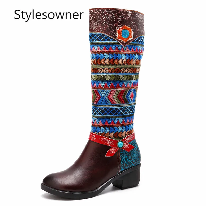 Stylesowner Hauteur Style Ethnique Authentiques Rétro Bout Femmes Nouvelles À Coffee Hiver Cuir Zipper Bottes Genou Tricot Rond En Bohème Long Du rq4rpTC