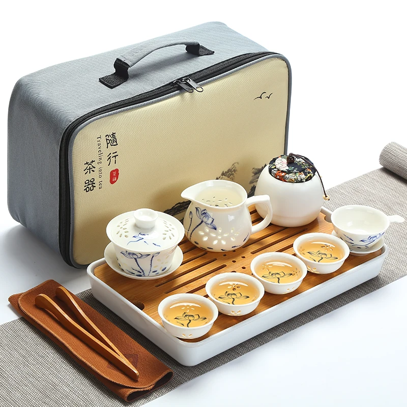  Ceramic travel Kung Fu tea set home teapot cup lid bowl outdoor portable car tea tray travel tea se