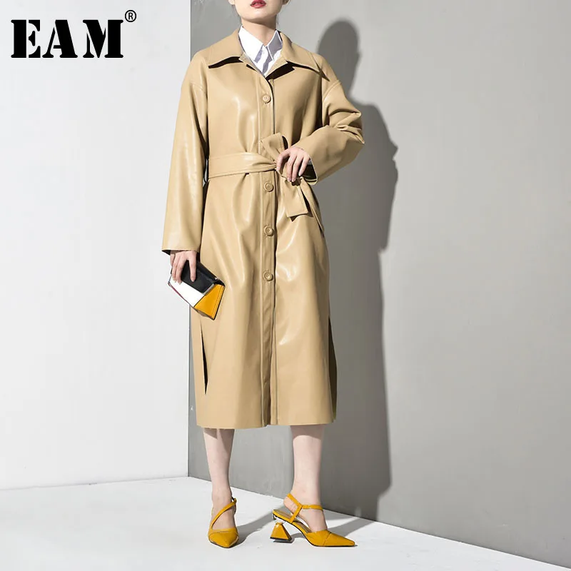

[EAM] 2019 New Autumn Winter Lapel Long Sleeve Khaki Pu Leather Long Bandage Windbreaker Women Trench Fashion Tide YG625