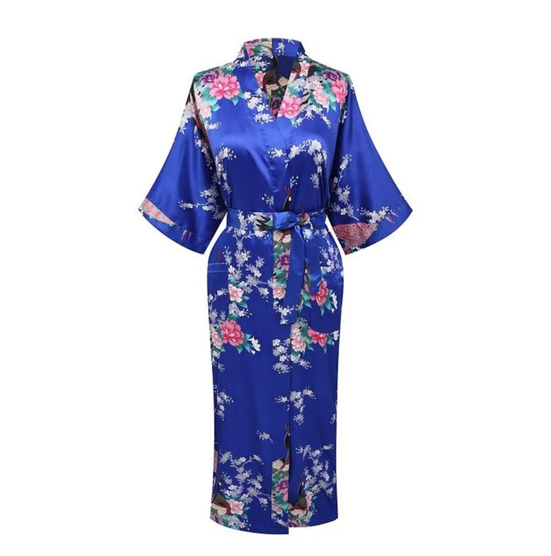 Светло-голубой шелковый халат из искусственного шелка платье для женщин для свадьбы, невесты, подружки невесты халат ночная рубашка ночное белье цветочное кимоно плюс размер 3XL YF3030 - Цвет: Blue