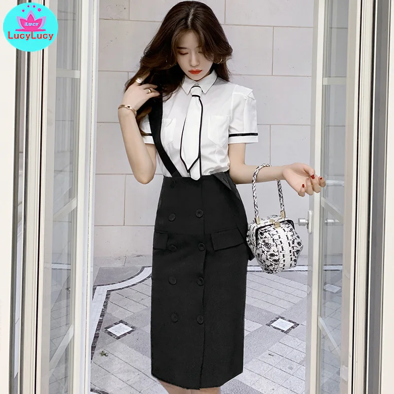 2019 summer women's new professional lapel tie single-breasted Slim company white-collar white shirt