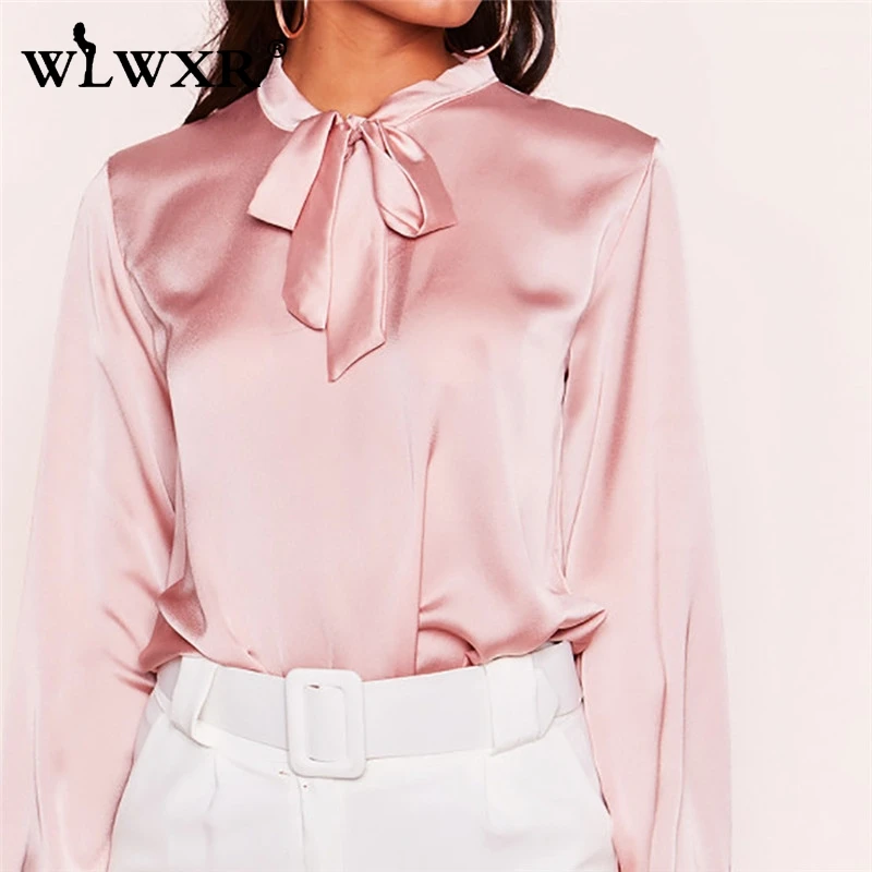 WLWXR офисные атласные шифоновые длинные Bluose женские рубашки Blusas топы с галстуком
