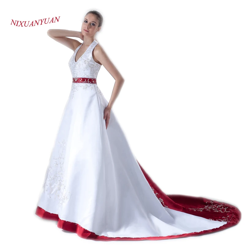 

2017 Elegant Burgundy White Satin Embroidery Wedding Dress 2017 Vintage Halter Beaded Vestidos De Novia 2017 With Sashes