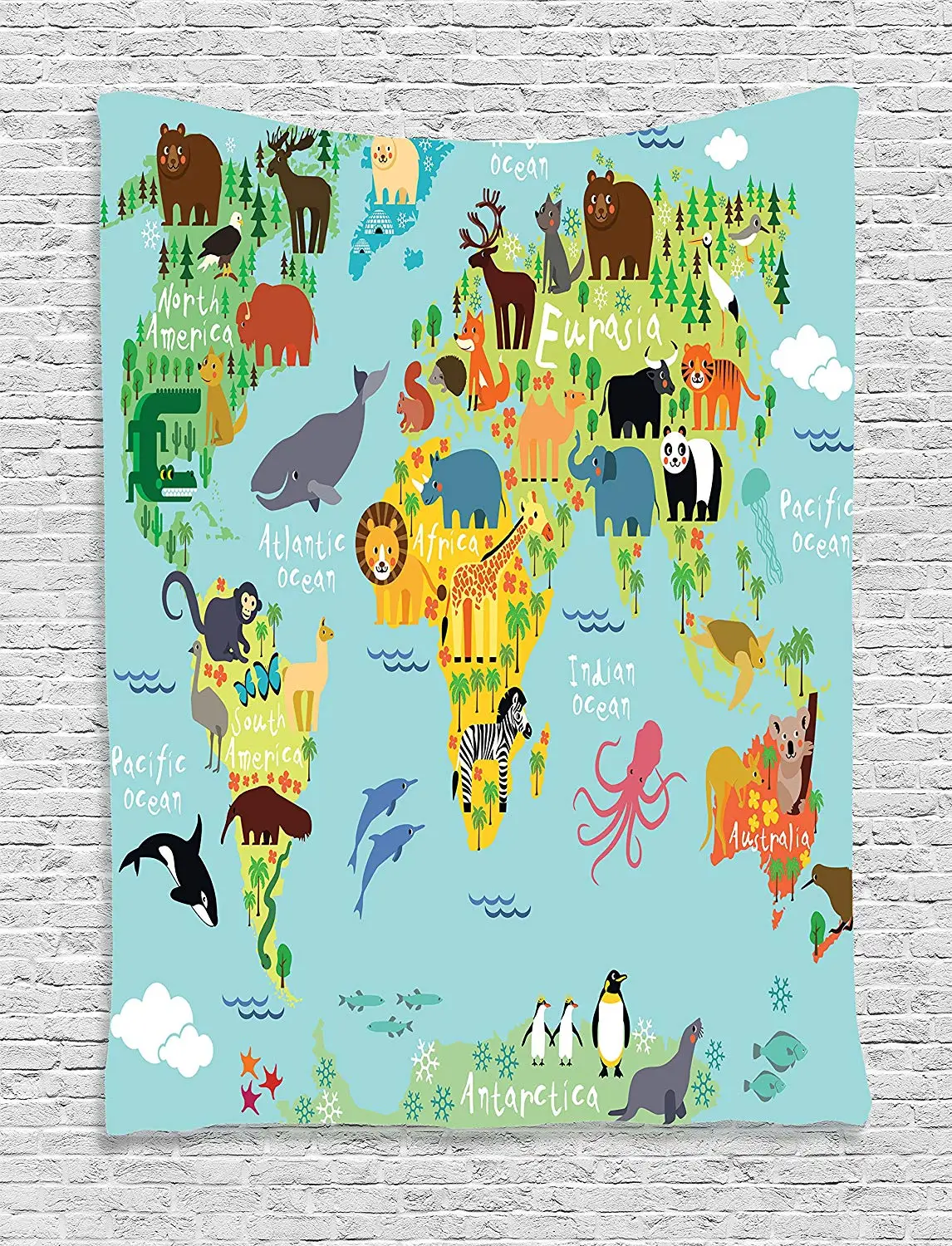 

Map Tapestry Decor Forest Animals Map of the World for Kids Cartoon Mountains Image Bedroom Living Room Dorm Wall Hanging