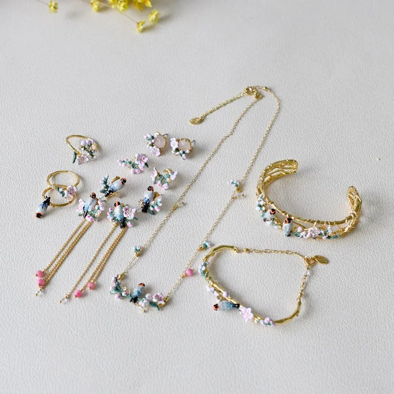 

France Trendy Jewelry Enamel Glaze Romantic Cherry Bird Series Cherry Flower Gem Necklace Bracelet Earrings Women New Arrive