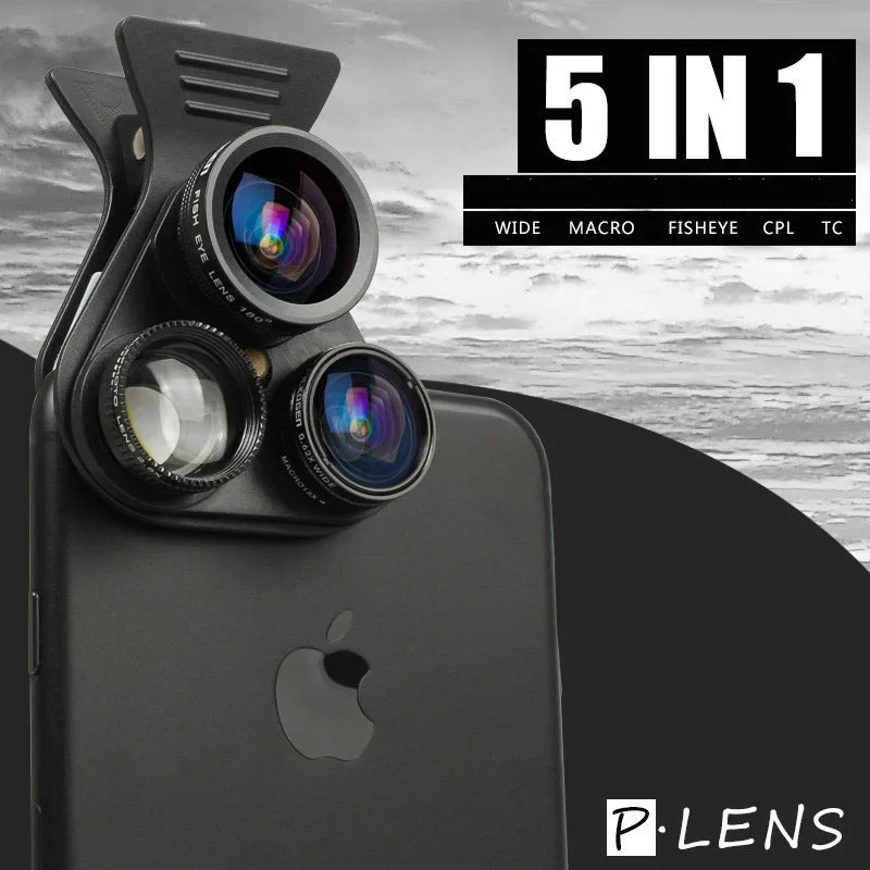 

Clip-on 5 in 1 Phone Lens Fish Eye 2.5 Telephoto Wide Angle Macro CPL Camera Lens for iPhone 6 7 8 plus Universal Zooming Lens