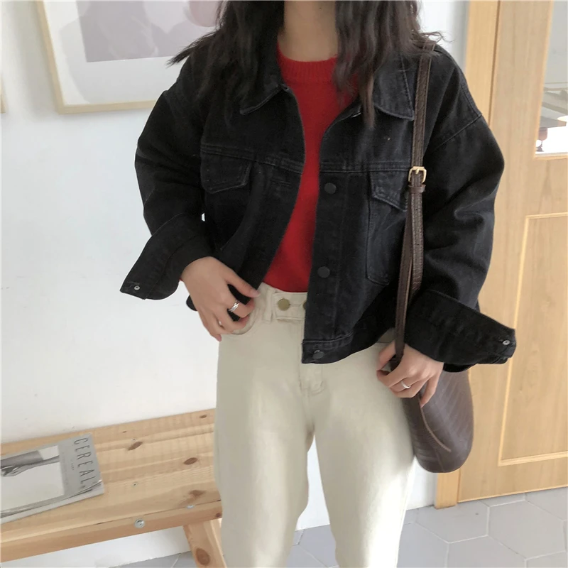 

HziriP 2019 New Autumn Vintage Jeans Jackets Loose Casual Long Sleeve Fashion Pocket Female Black Denim Jacket Outerwear Coat