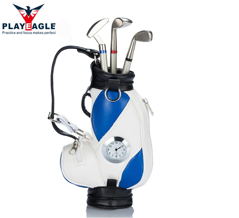 Min Golf Caddy Bag Golf Pens Holder,Table Decoration Golf Bag Trolley with Watch Metal Golf