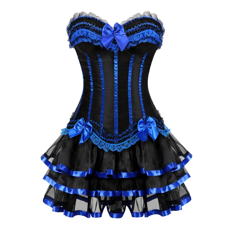 

Gothic blue corsets dress with skirt costumes vintage striped floral lace up overbust corset bustier for women dancing clothing