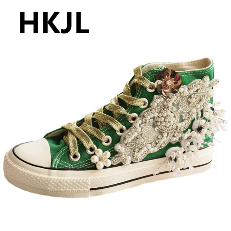 

Soft bottom new Korean version of the tide retro green high canvas heavy art handmade beaded pearl sneakers