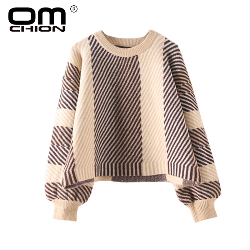 OMCHION س الرقبة Preppy نمط سترة المرأة عام 2018 الخريف الكورية مخطط غير النظامية البلوز سميكة BF المتضخم ريترو البلوز LMM134