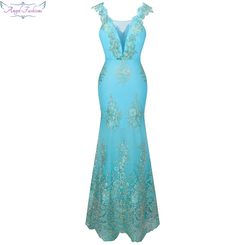 

Angel-fashions Women's V Neck Embroidery Lace Flower Mermaid Long Prom Dress Light Lavender Sky Blue 310