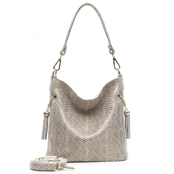 Arliwwi Brand Designer New Real Leather Shiny Snake Pattern Embossed Female Shoulder Bags High Quality Women Everyday Handbags - Цвет: beige