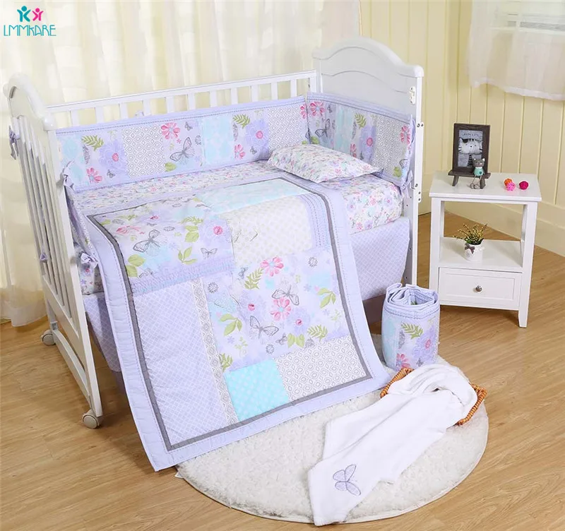 Детские мягкие бортики для кровати, хлопок, мягкие удобные дышащие комплекты постельного белья для маленьких девочек, фиолетовая простыня для детской кроватки, одеяло, кровать, юбка