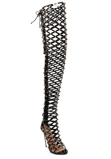 

Over-the-knee high Rome style net sandals peep toe cut-out lace-up back zipper metal decorated high thin heel sandals for woman
