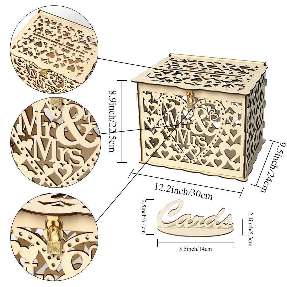 OHEART Diy коробка для приглашения на свадьбу деревянная деревенская Подарочная коробка с замком коробка для денег полые сердца в форме коробка подарочной карточки и карты знак на день рождения - Цвет: 03 L