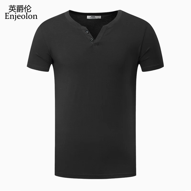 Enjeolon брендовая летняя Новинка, Футболка мужская с коротким рукавом и v-образным вырезом, хлопок, повседневная, приталенная, подходит размера плюс, Мужская футболка T1401 - Цвет: Dark grey