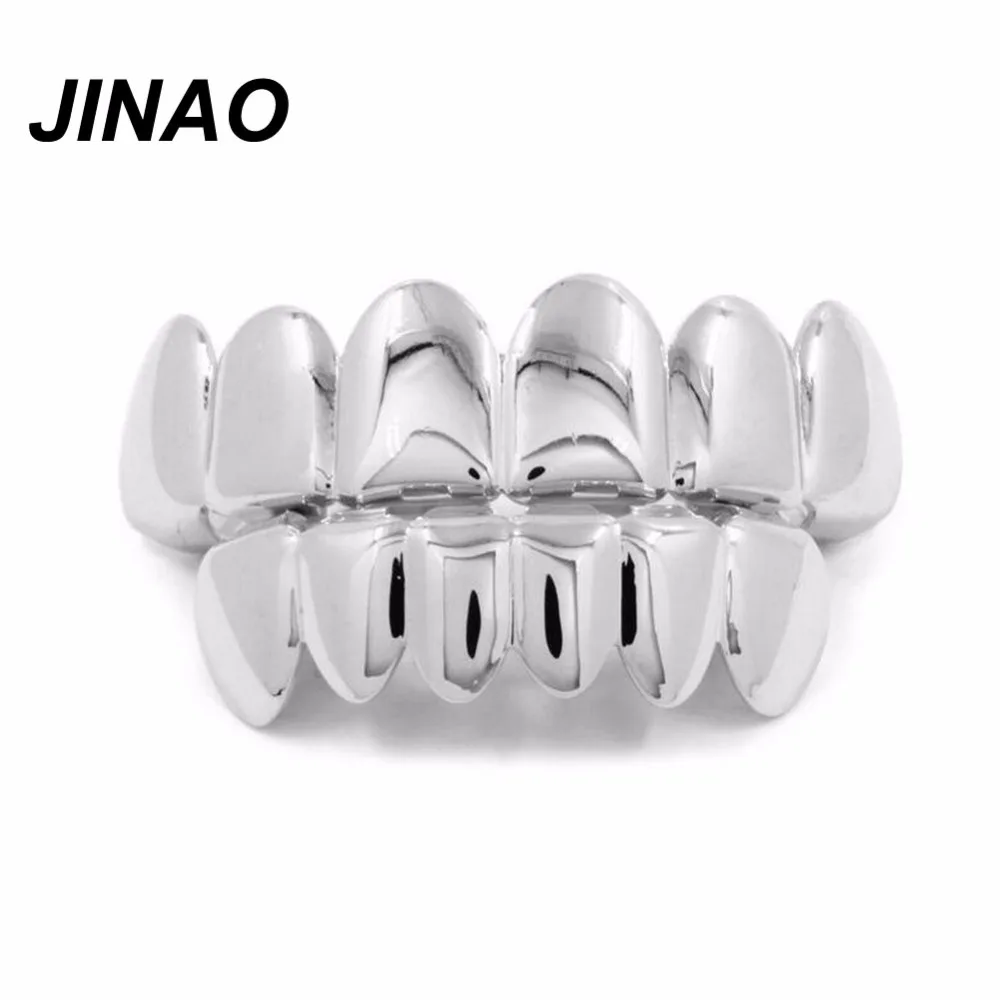 

JINAO Silver Plated Hip Hop Teeth For Mouth Grillz Caps Top&Bottom Grill Set vampire teeth for Halloween Christmas Party Sets