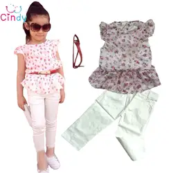 Летняя одежда для девочек комплект одежды девочки Европа и Америка печатных Хлопковая футболка + хлопчатобумажные штанишки + пояс 3