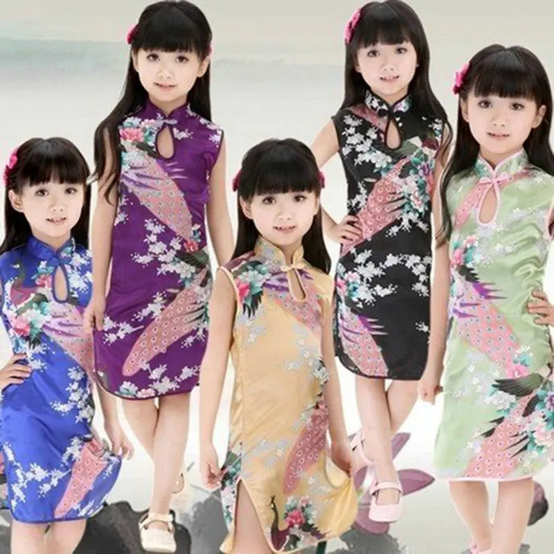 Детское платье для малышей; От 2 до 8 лет принцессы для девочек; свадебное китайское платье Ципао с цветочным принтом и павлином; платье Ципао из мягкой шелковой смеси; облегающие платья; одежда