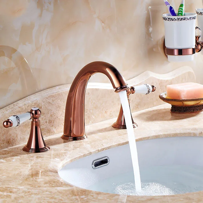 

Mini-widespread Rose Gold Plated 3 Pcs bathroom Basin Faucet Dual Ceramic Handle Mixer Tap
